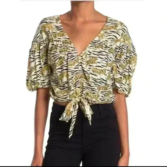 Last chance - Topshop - TIGER & ZEBRA PRINT TIE WAIST CROPPED BLOUSE US 2 XS - Picture 1 of 7